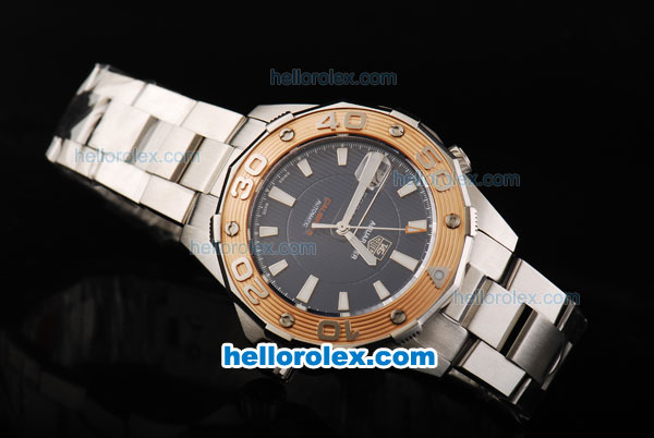 Tag Heuer Aquaracer 500 Calibre 5 Swiss ETA 2892 Automatic Movement Gold Bezel with Black Dial and White Stick Markers - Click Image to Close